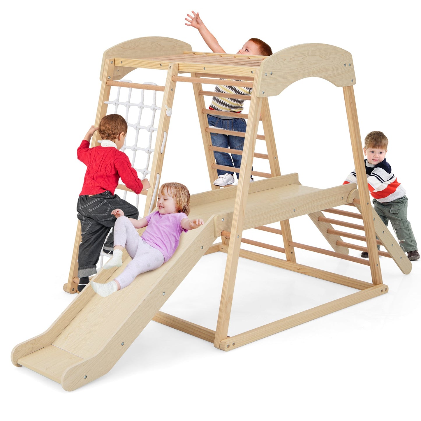 6-in-1 Indoor Jungle Gym Kids Wooden Playground Climber Playset-Natural