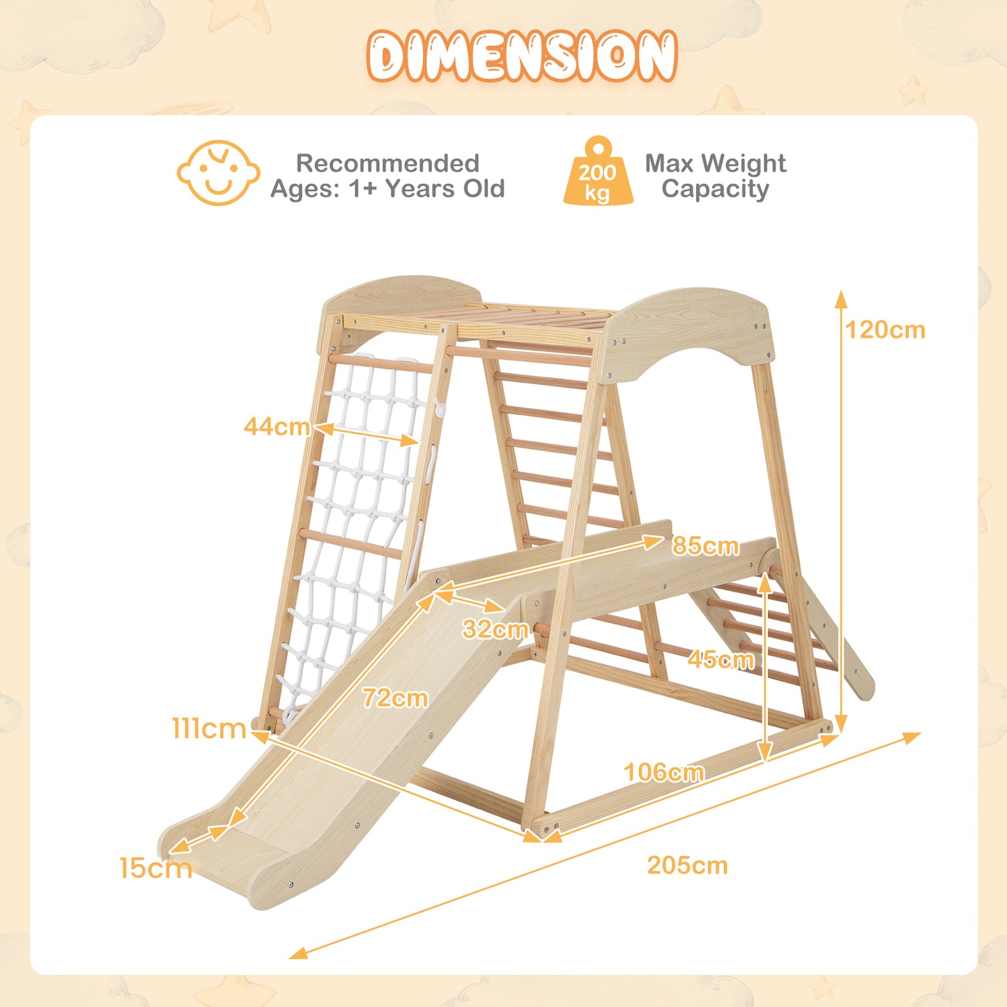 6-in-1 Indoor Jungle Gym Kids Wooden Playground Climber Playset-Natural