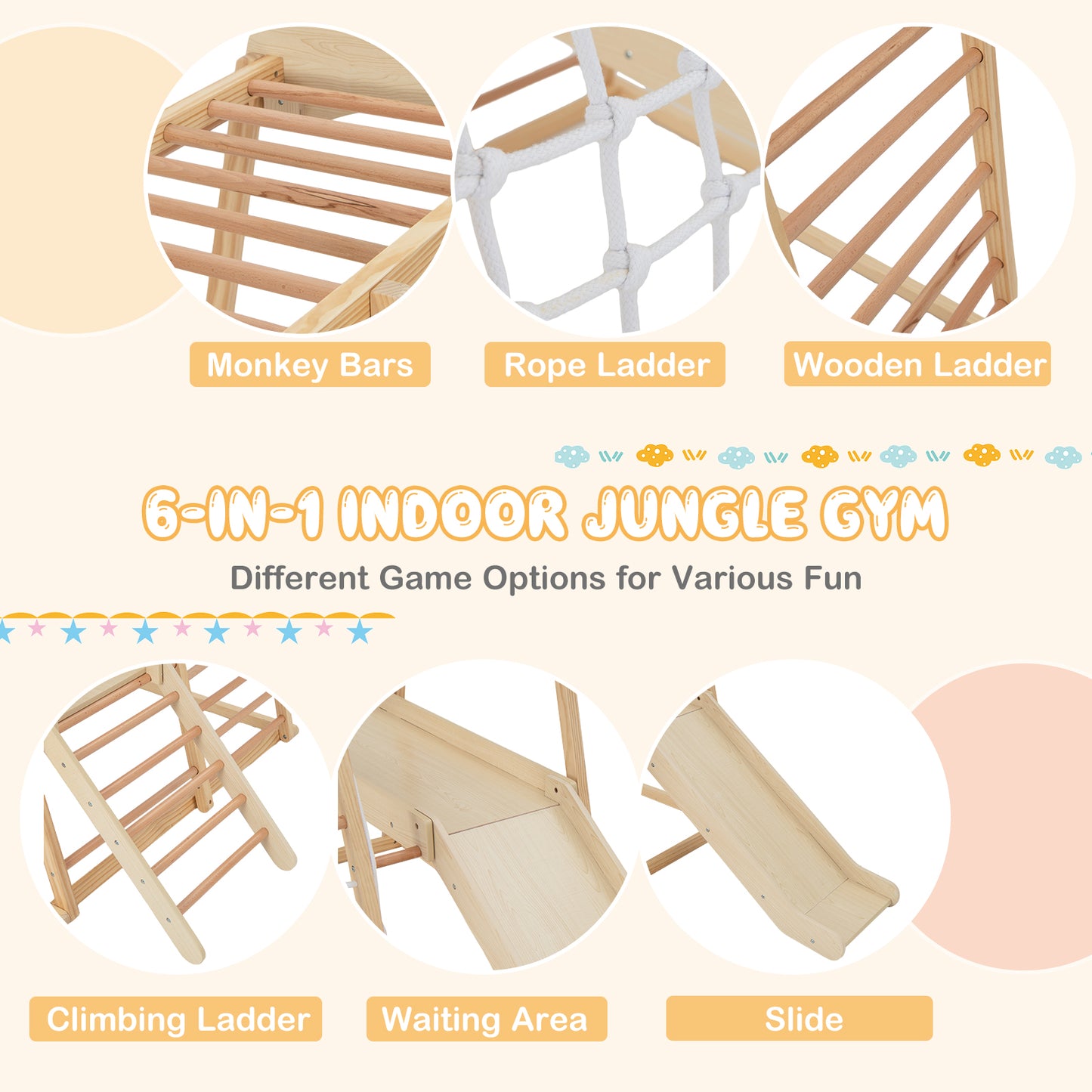 6-in-1 Indoor Jungle Gym Kids Wooden Playground Climber Playset-Natural