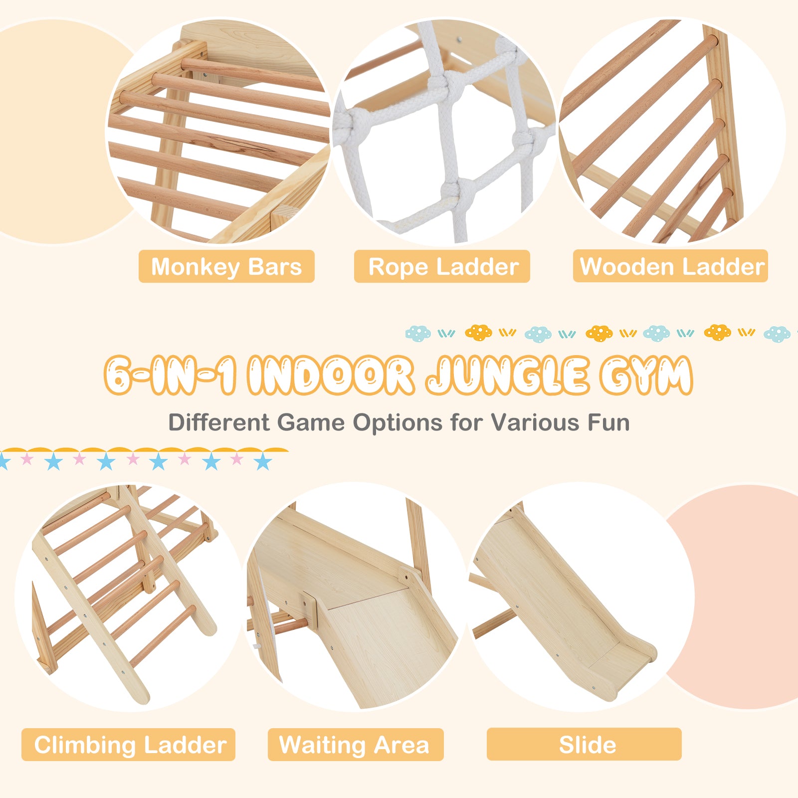 6-in-1 Indoor Jungle Gym Kids Wooden Playground Climber Playset-Natural