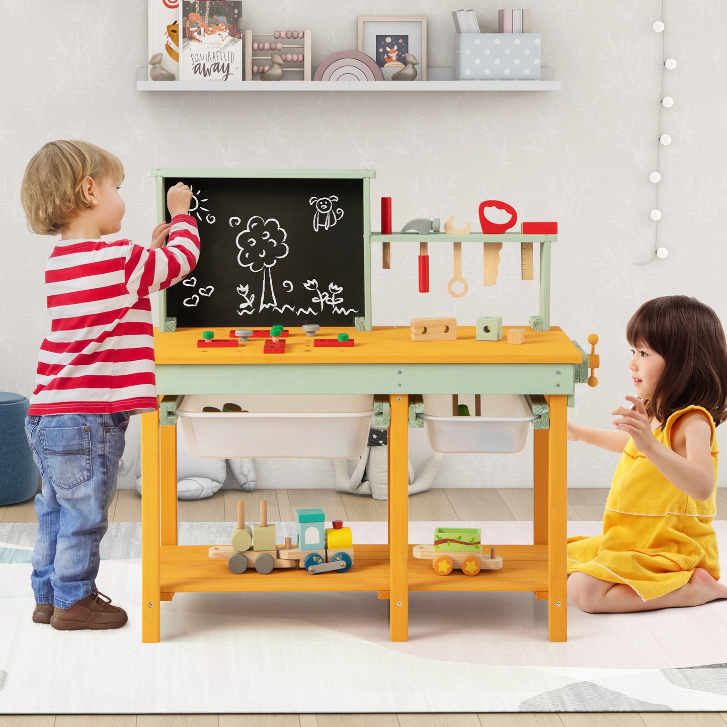 Kids Wooden Toy Workbench with Blackboard for Ages 3-8 Years Old