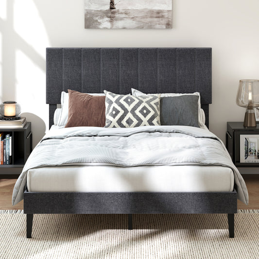 King/Double Size Linen Fabric Bed Frame with Height Adjustable Headboard-Grey-Double Size