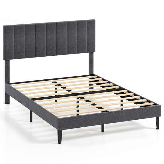 King/Double Size Linen Fabric Bed Frame with Height Adjustable Headboard-Grey-Double Size