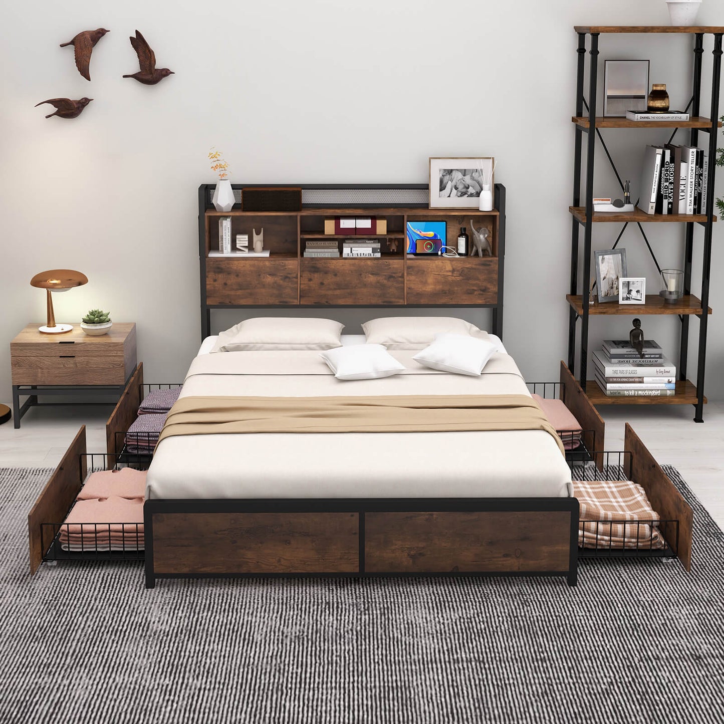 Queen/King Size Bed Frame with Bookcase Headboard and 4 Storage Drawers-King Size
