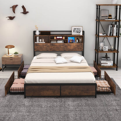 Queen/King Size Bed Frame with Bookcase Headboard and 4 Storage Drawers-King Size