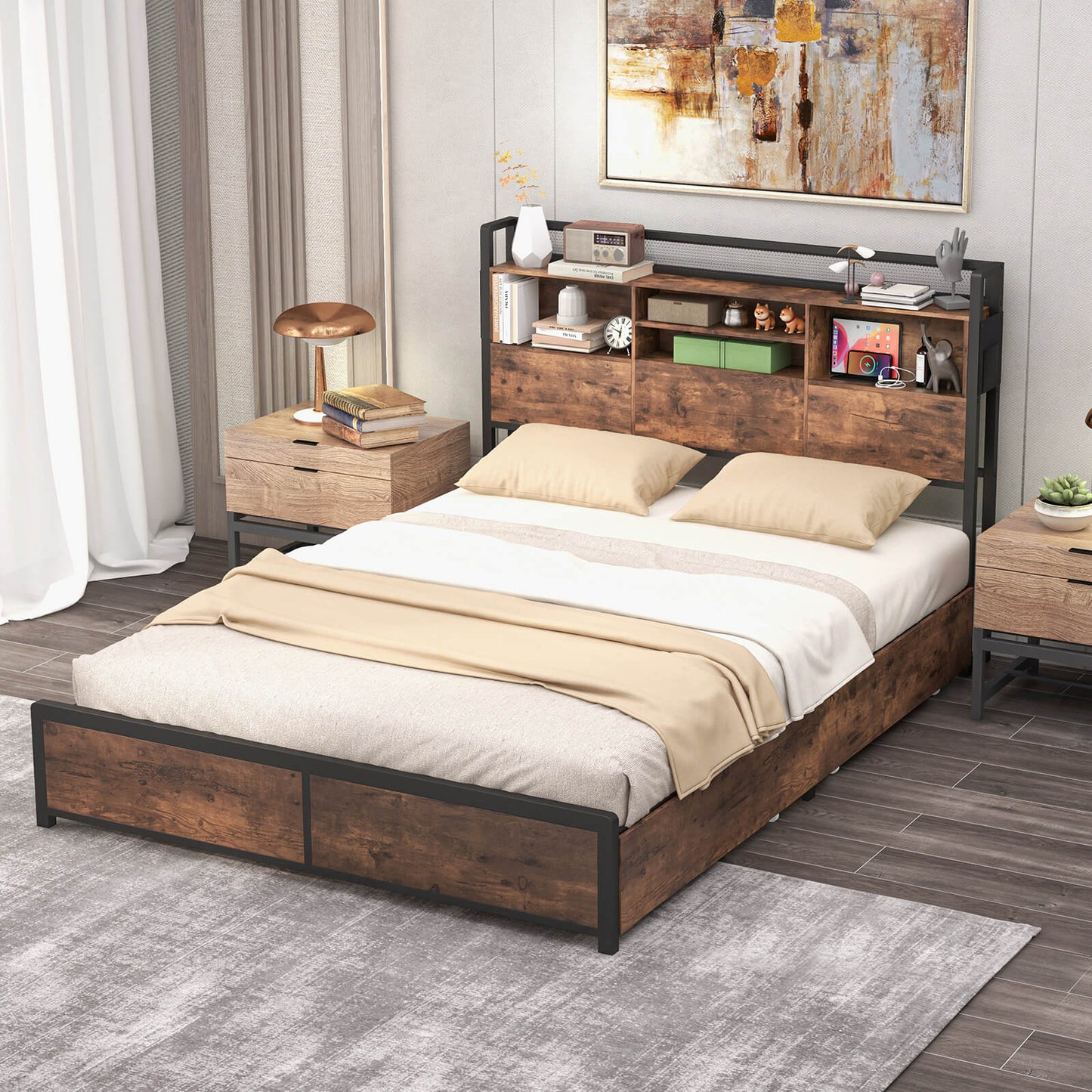 Queen/King Size Bed Frame with Bookcase Headboard and 4 Storage Drawers-King Size