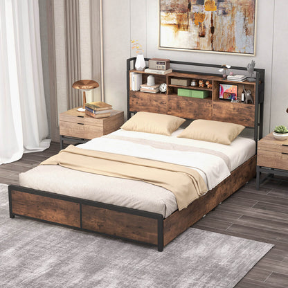 Queen/King Size Bed Frame with Bookcase Headboard and 4 Storage Drawers-King Size