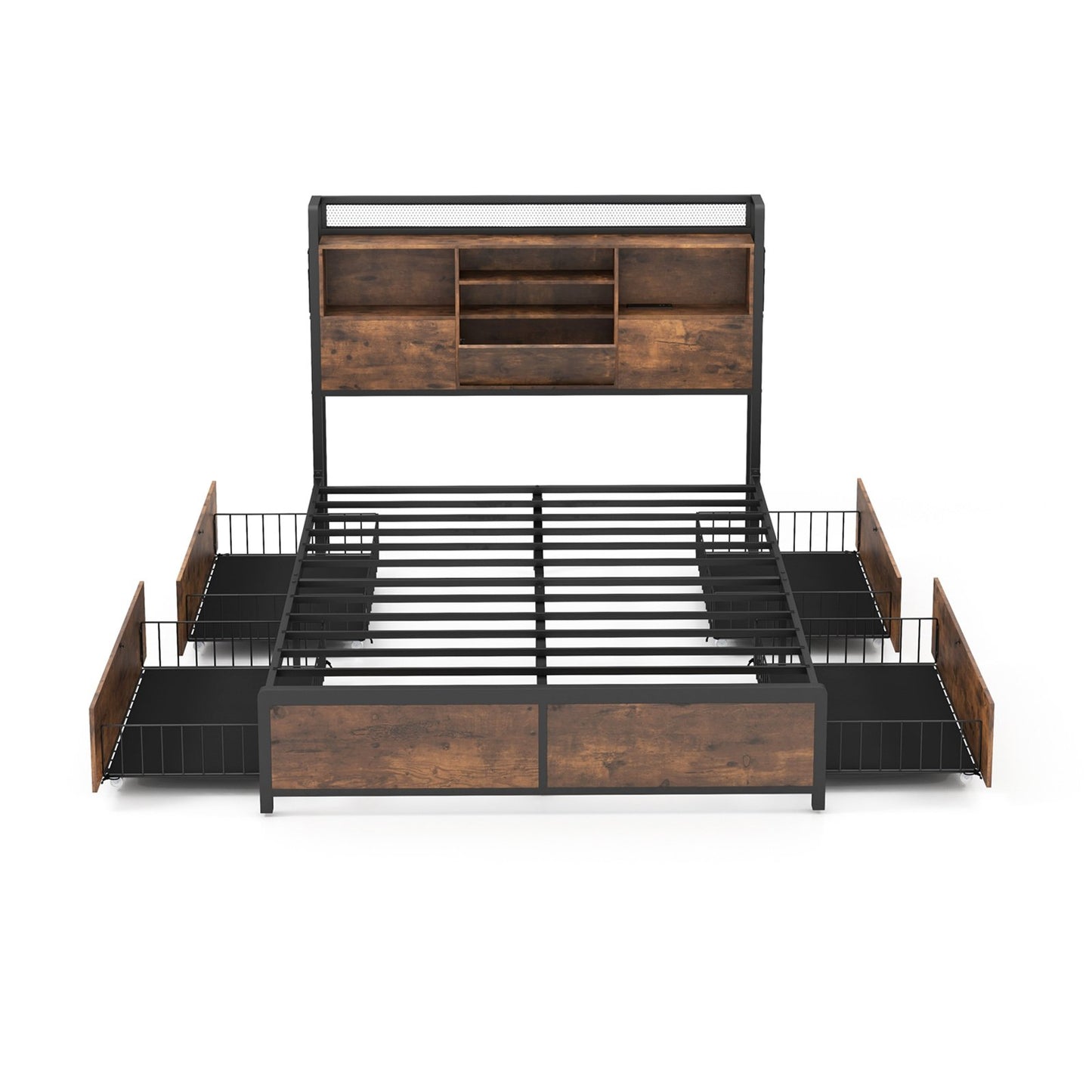 Queen/King Size Bed Frame with Bookcase Headboard and 4 Storage Drawers-King Size