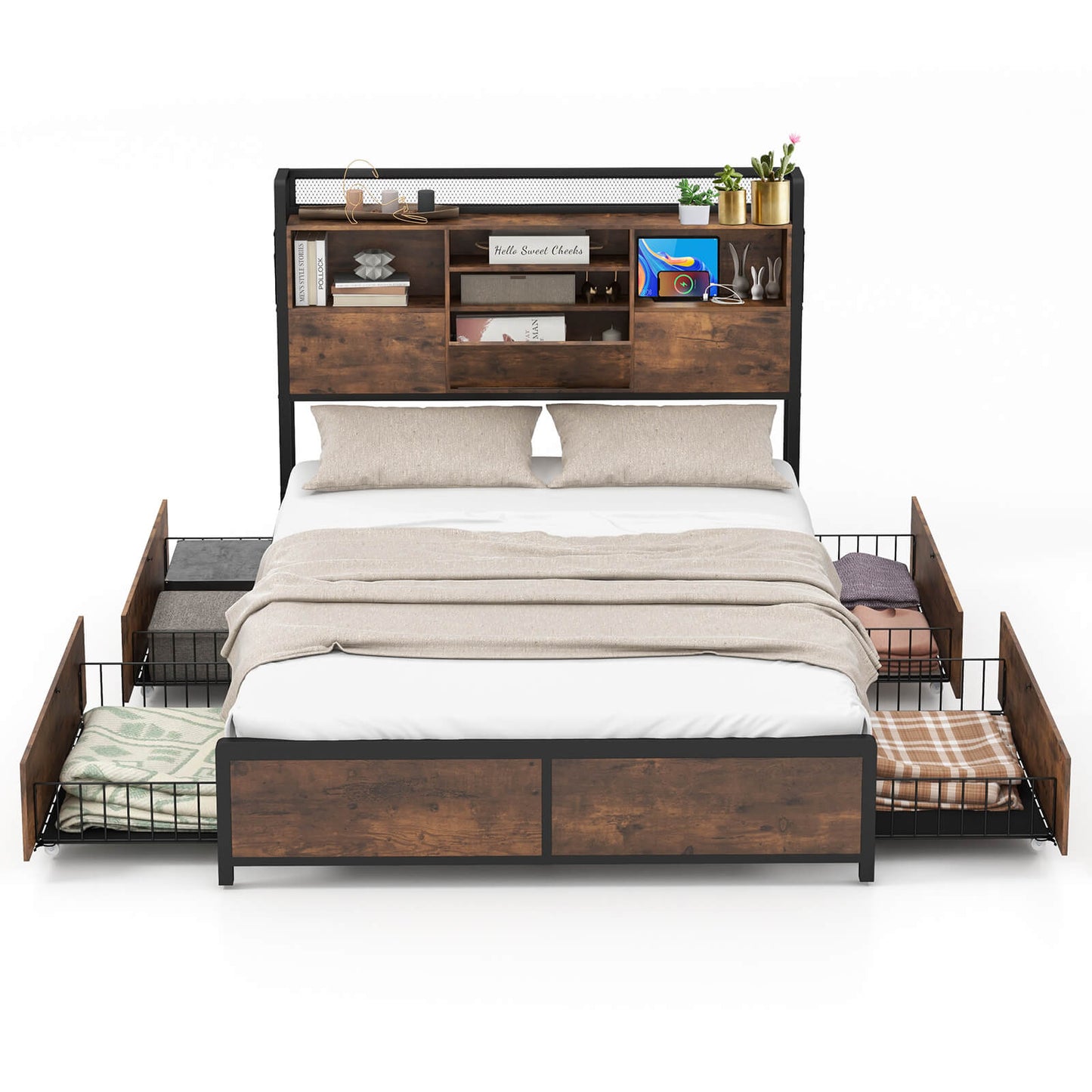 Queen/King Size Bed Frame with Bookcase Headboard and 4 Storage Drawers-King Size