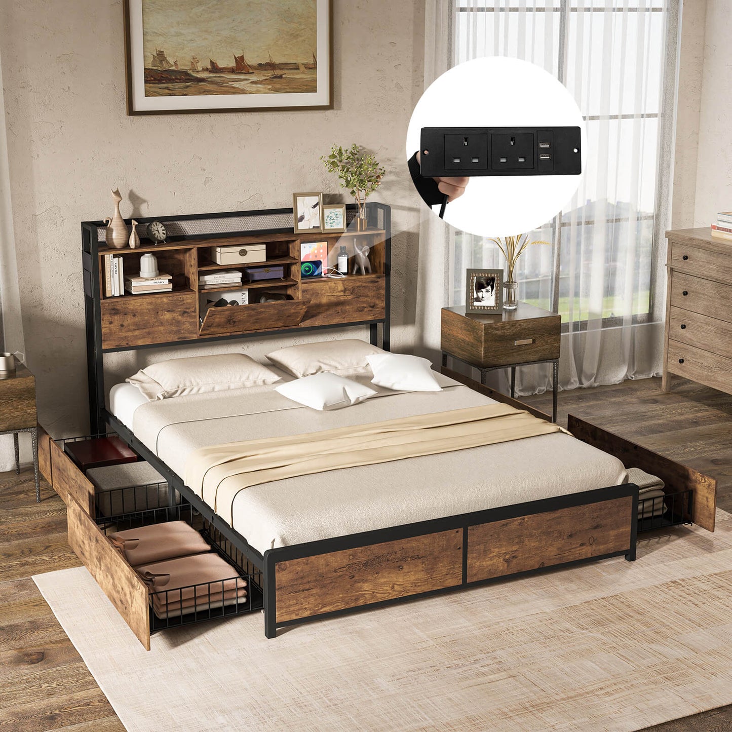 Queen/King Size Bed Frame with Bookcase Headboard and 4 Storage Drawers-King Size