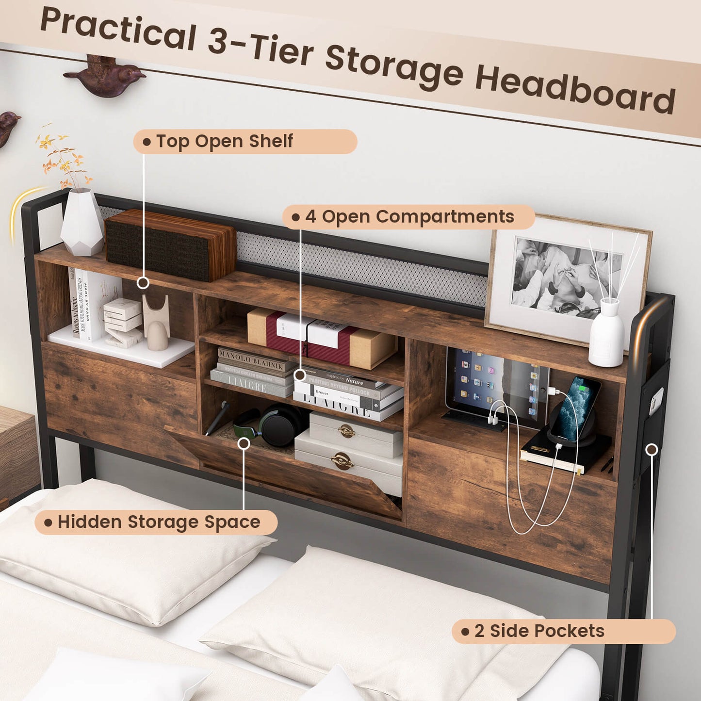 Queen/King Size Bed Frame with Bookcase Headboard and 4 Storage Drawers-King Size