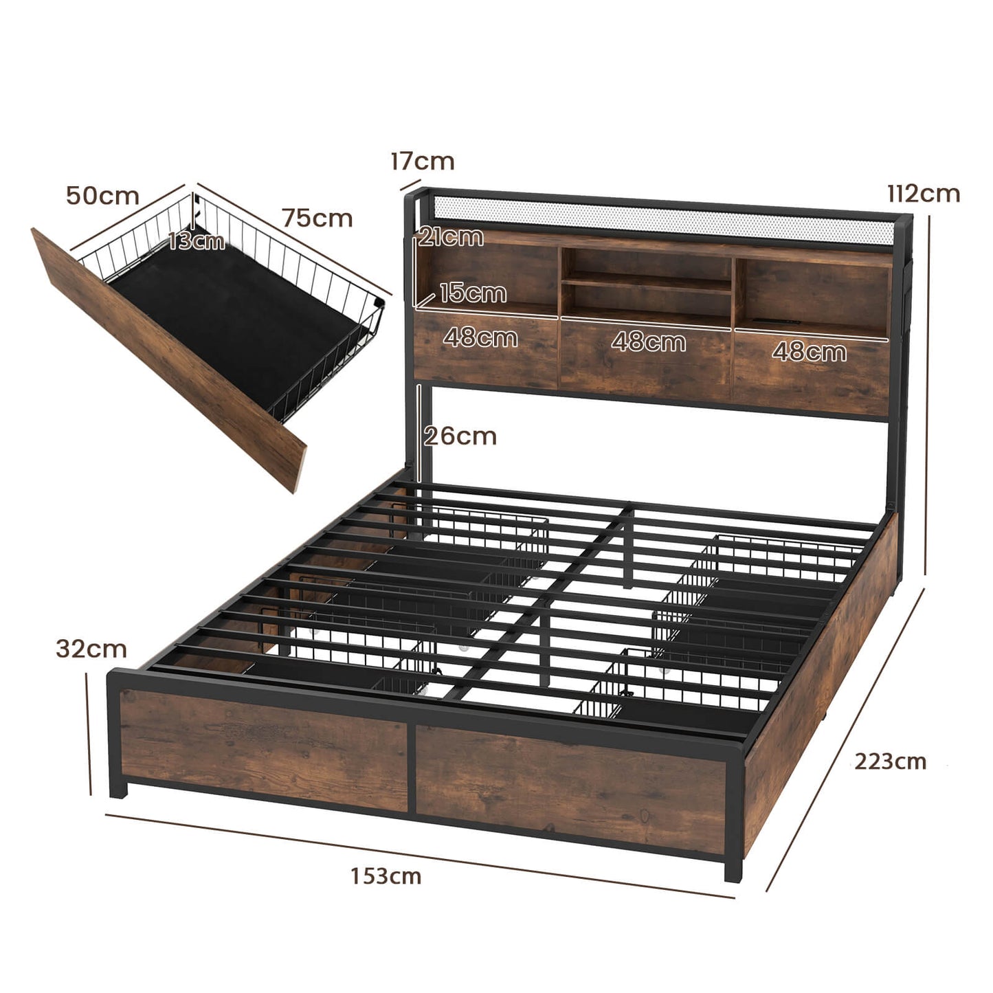 Queen/King Size Bed Frame with Bookcase Headboard and 4 Storage Drawers-King Size