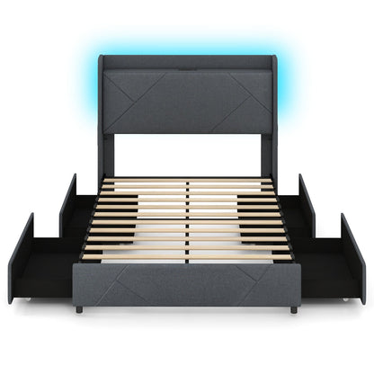 Double/King Size Bed Frame with LED Lights and Charging Station-Double Size