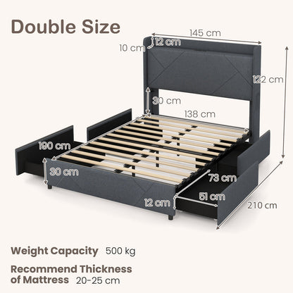 Double/King Size Bed Frame with LED Lights and Charging Station-Double Size