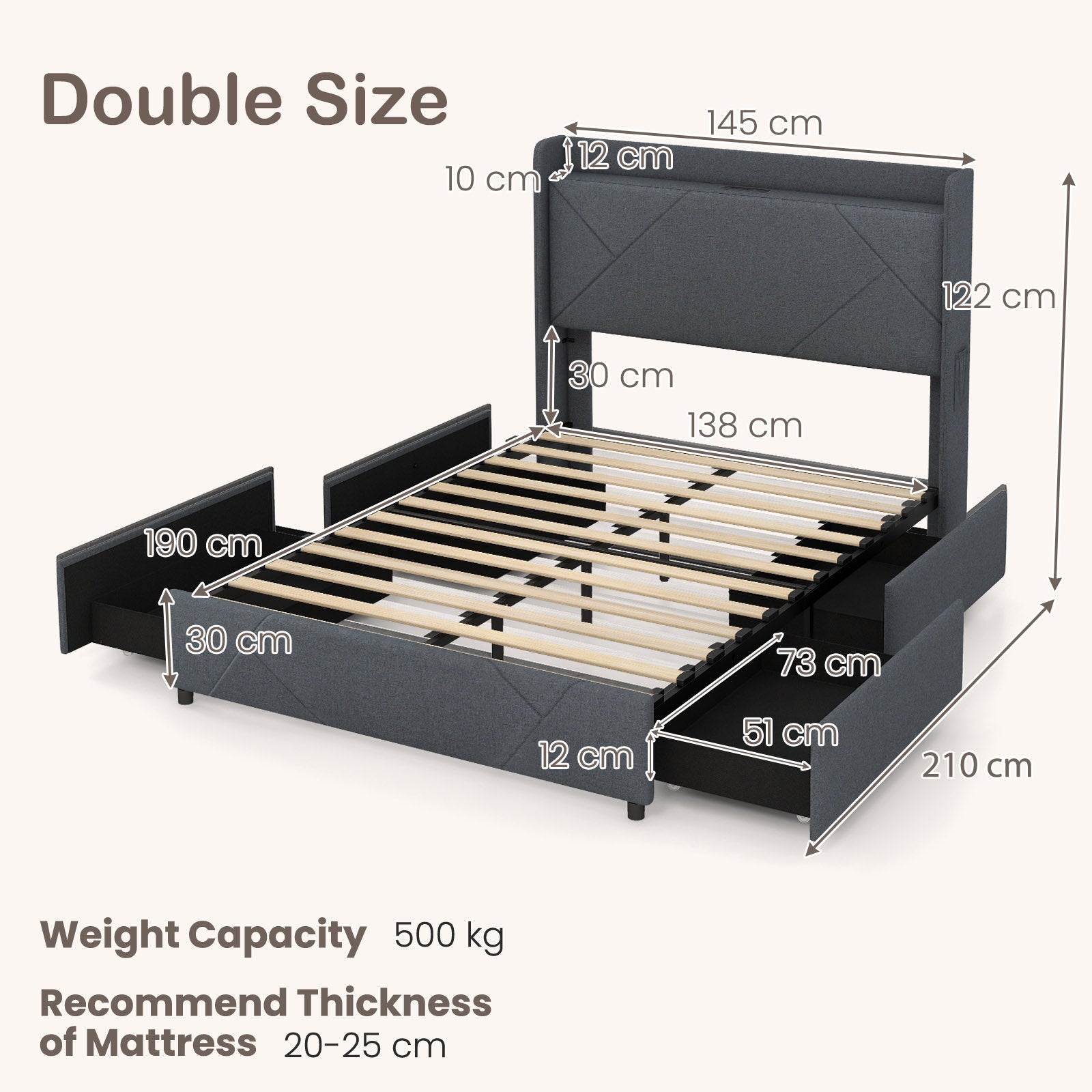 Double/King Size Bed Frame with LED Lights and Charging Station-Double Size