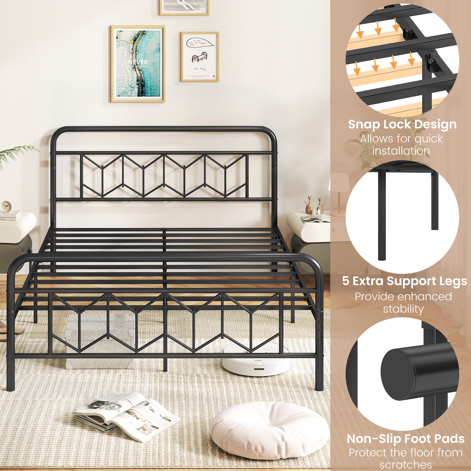 Single/Double/King Size Metal Bed Frame with High Headboard and Mute Bar-Black-King Size