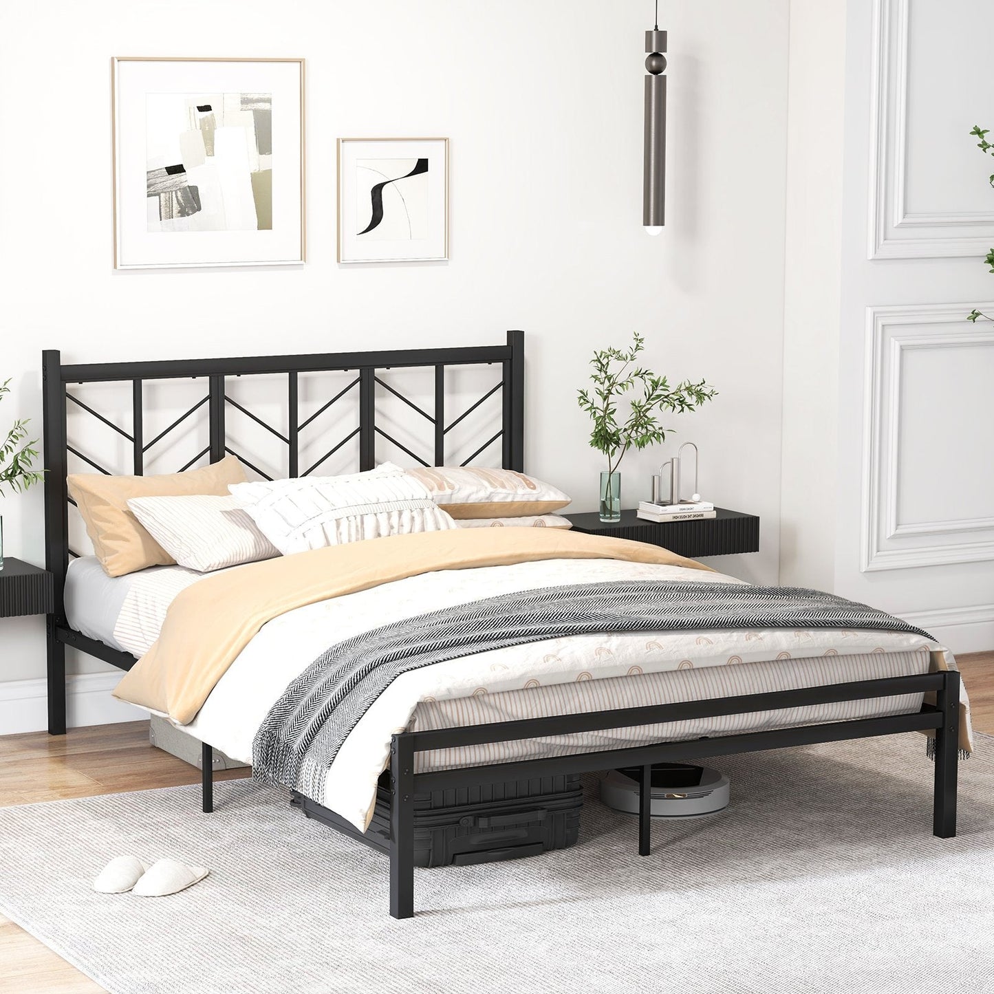 Double/King Size Platform Bed Frame with Branch-shaped Headboard-King Size