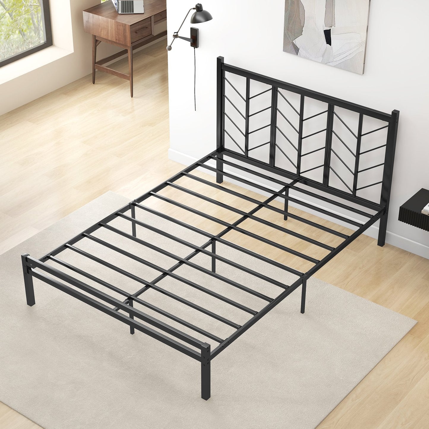 Double/King Size Platform Bed Frame with Branch-shaped Headboard-King Size