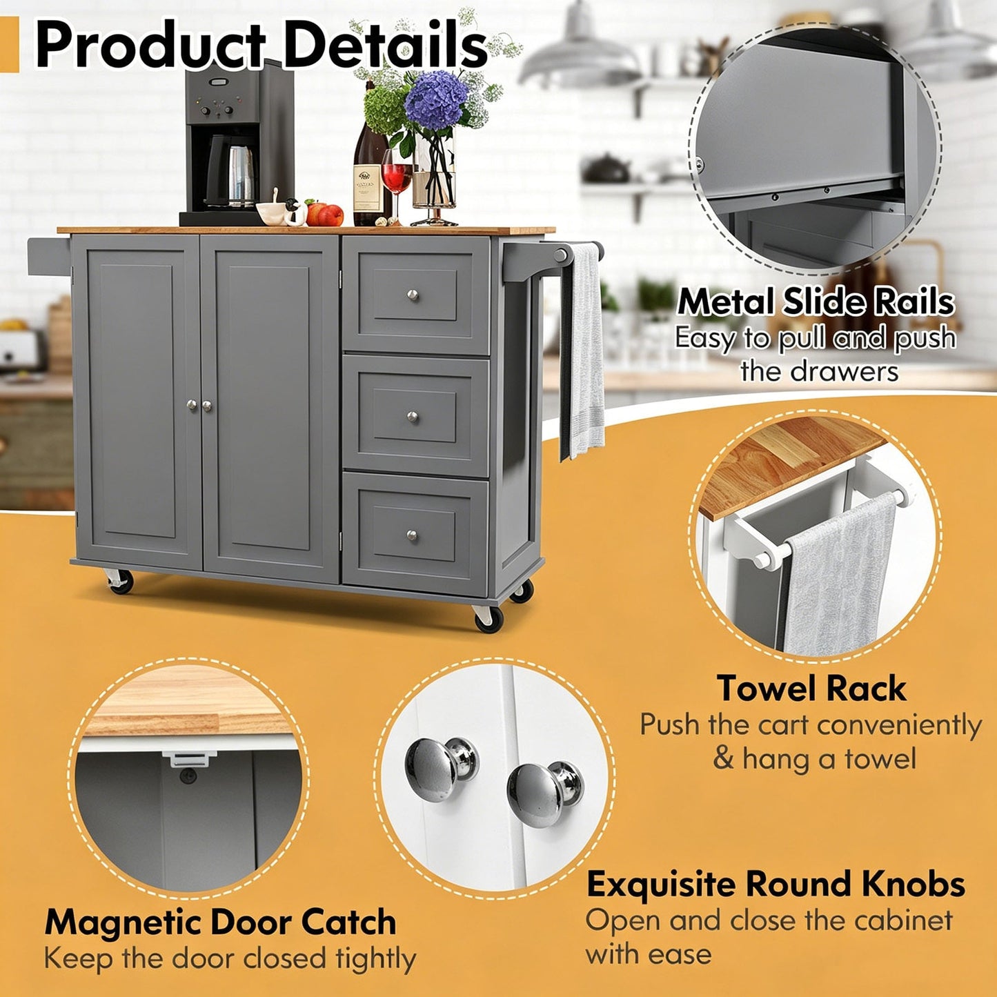 Kitchen Island Trolley with 3 Drawers and 2-door Cabinet-Gray