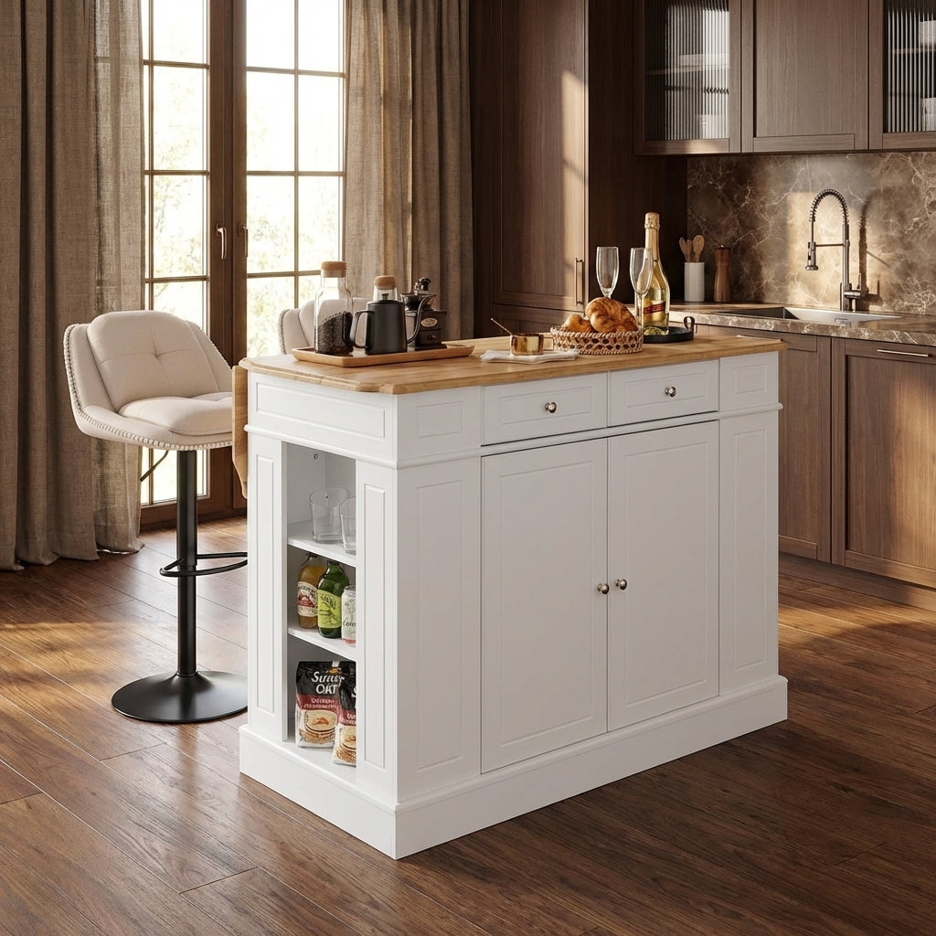 Kitchen Island with Drop-Leaf Countertop with 2 Modern Adjustable Chenille Upholstered Bar Stools Set