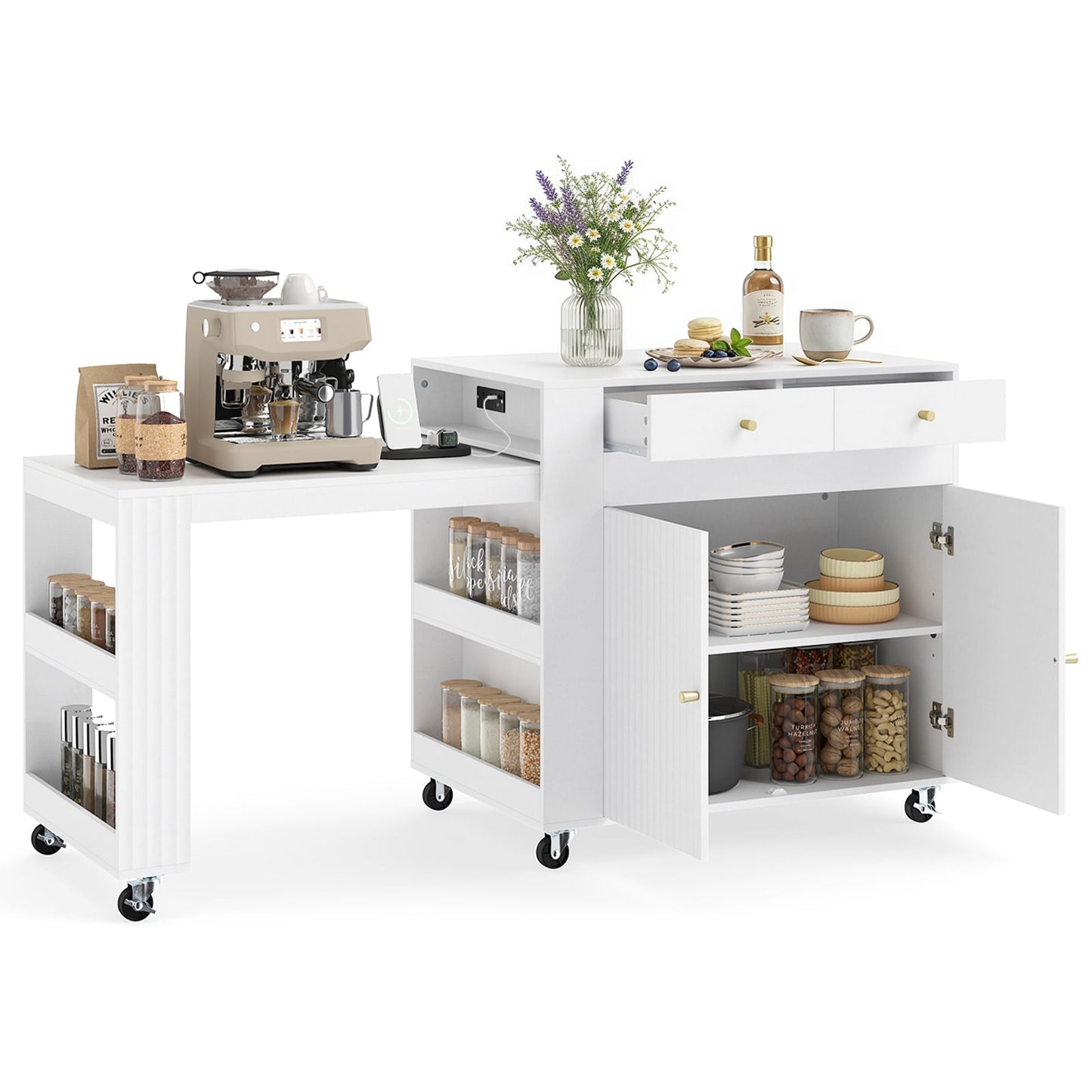 Kitchen Island with Extendable Dining Table and Power Outlet 2 Fluted Doors 2 Drawers-White