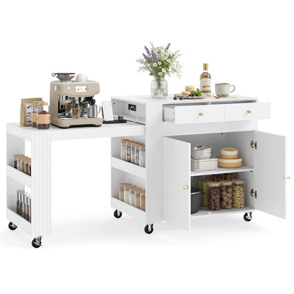 Kitchen Island with Extendable Dining Table and Power Outlet 2 Fluted Doors 2 Drawers-White