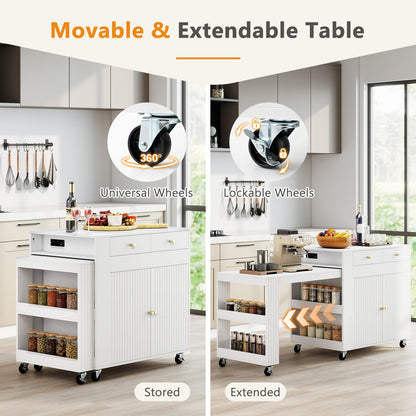 Kitchen Island with Extendable Dining Table and Power Outlet 2 Fluted Doors 2 Drawers-White