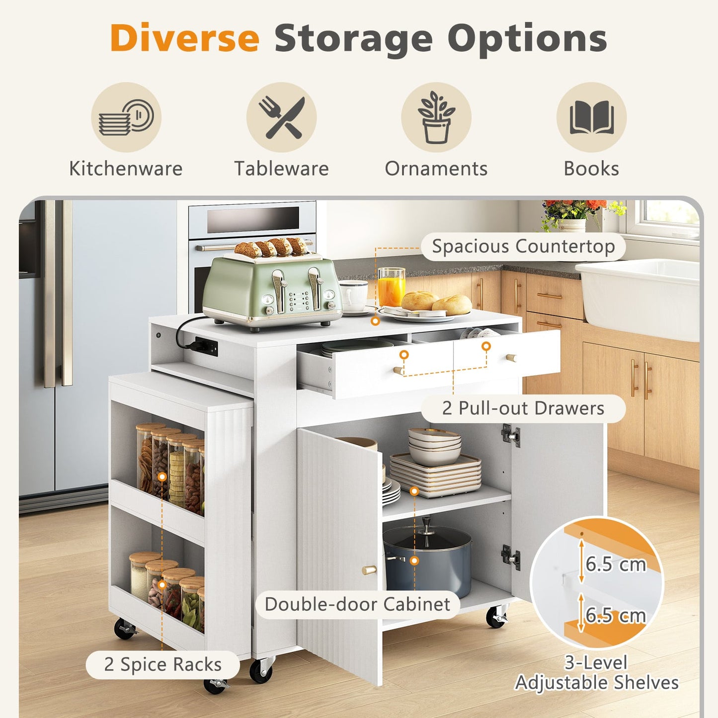 Kitchen Island with Extendable Dining Table and Power Outlet 2 Fluted Doors 2 Drawers-White