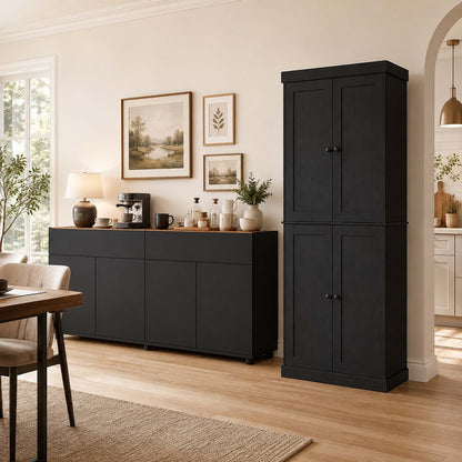 Kitchen Storage Set with 185 cm Pantry Cabinet & 160 cm Sideboard Buffet-Black