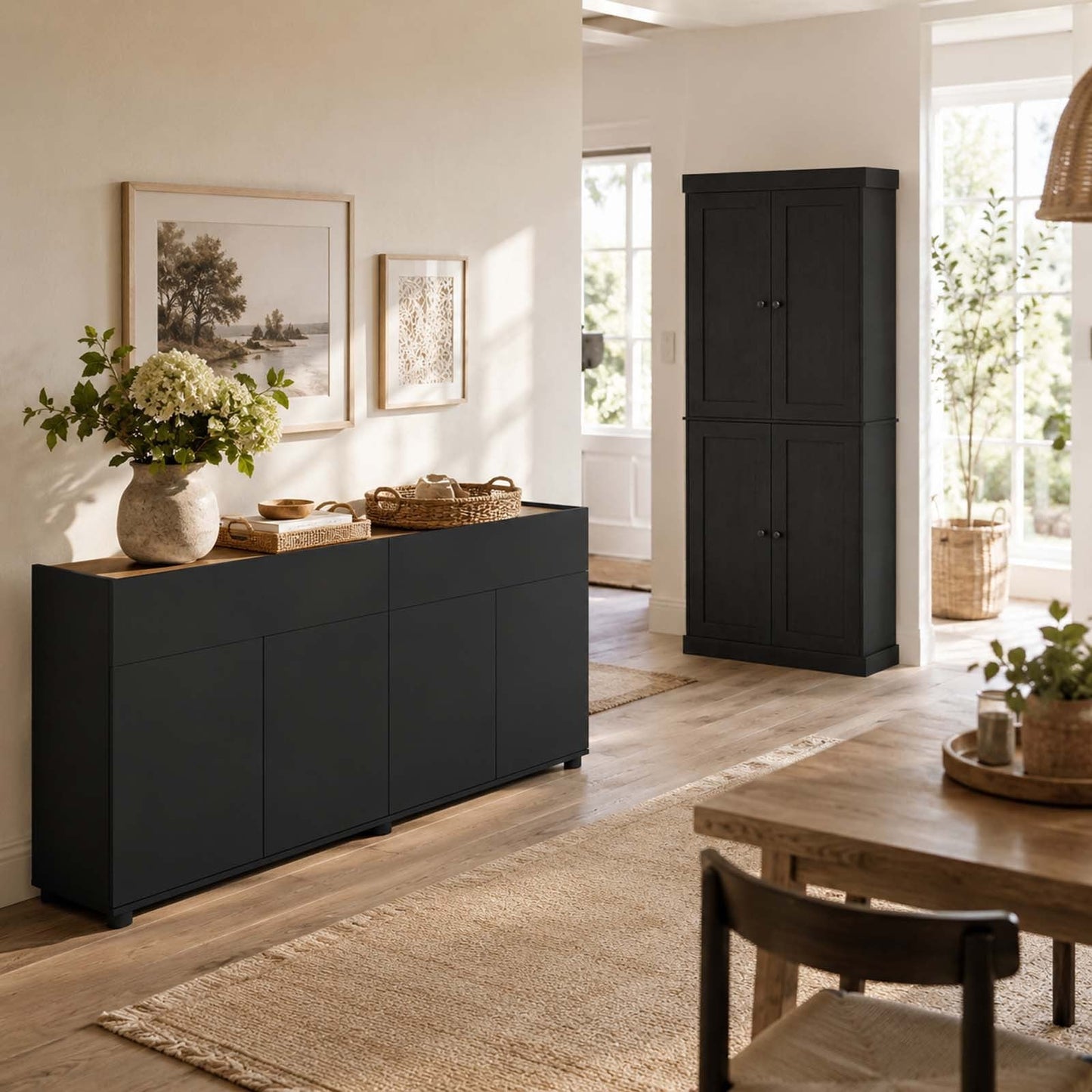Kitchen Storage Set with 185 cm Pantry Cabinet & 160 cm Sideboard Buffet-Black