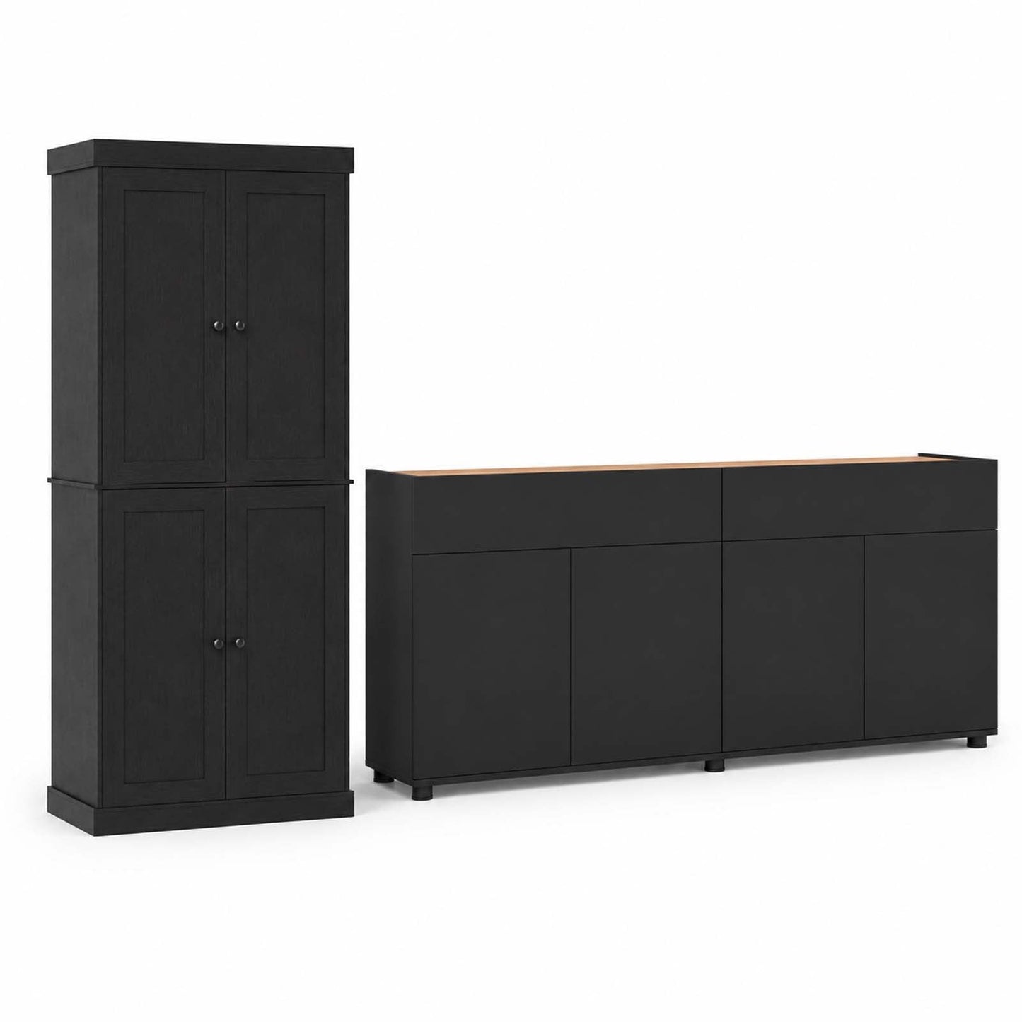 Kitchen Storage Set with 185 cm Pantry Cabinet & 160 cm Sideboard Buffet-Black