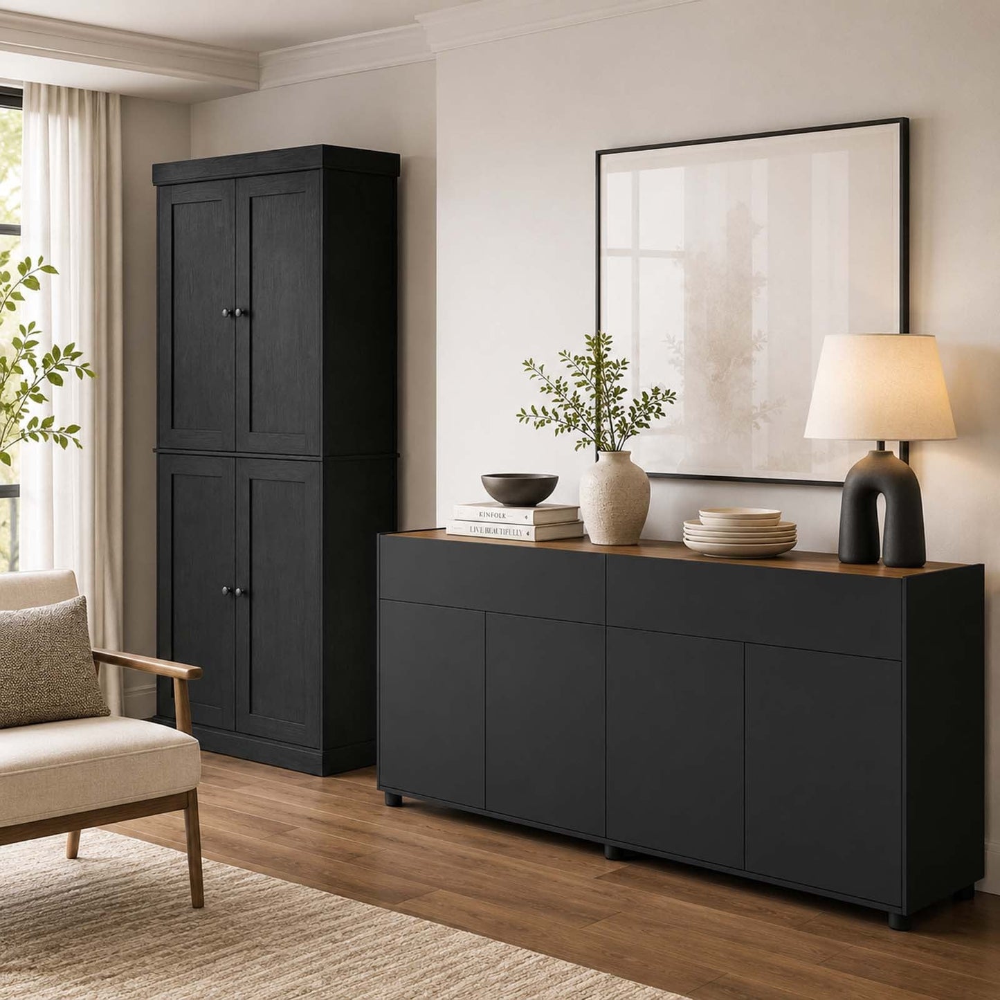 Kitchen Storage Set with 185 cm Pantry Cabinet & 160 cm Sideboard Buffet-Black