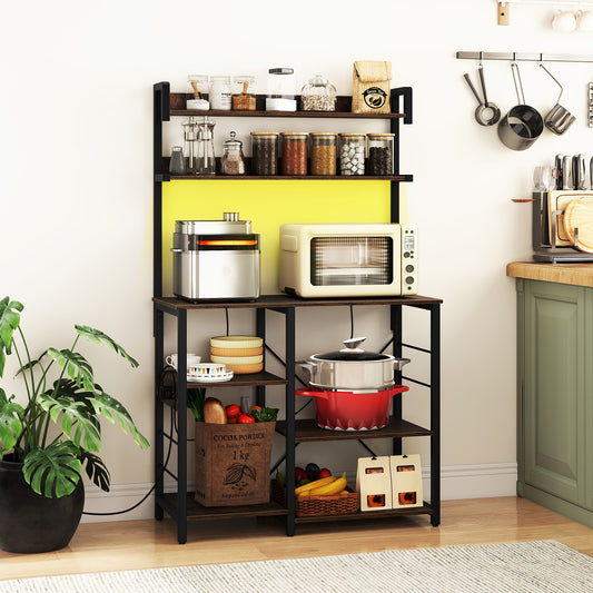 Kitchen Bakers Rack with Power Outlet 5-Tier Microwave Oven Stand with LED Lights-Rustic Brown