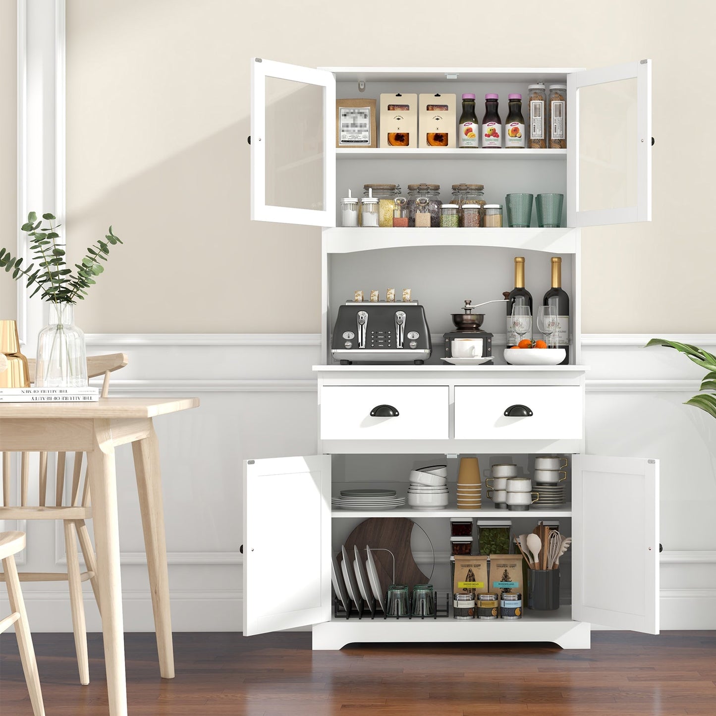 Kitchen Buffet Sideboard with Hutch 4 Doors Cupboard with Adjustable Shelves-White