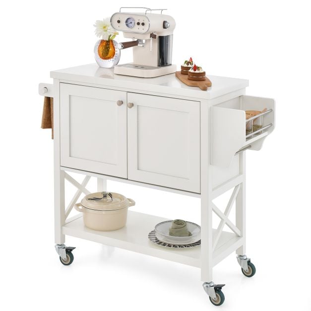 Kitchen Cart with Storage Cabinet with Towel Rack and Spice Rack-White