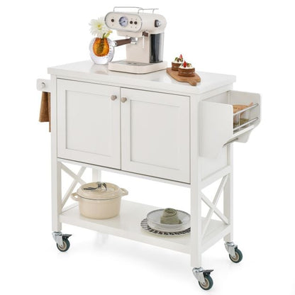 Kitchen Cart with Storage Cabinet with Towel Rack and Spice Rack-White