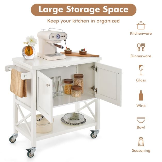 Kitchen Cart with Storage Cabinet with Towel Rack and Spice Rack-White