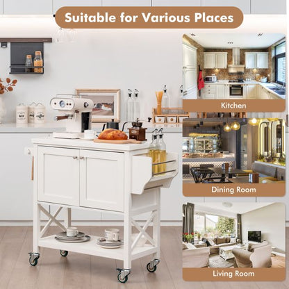 Kitchen Cart with Storage Cabinet with Towel Rack and Spice Rack-White