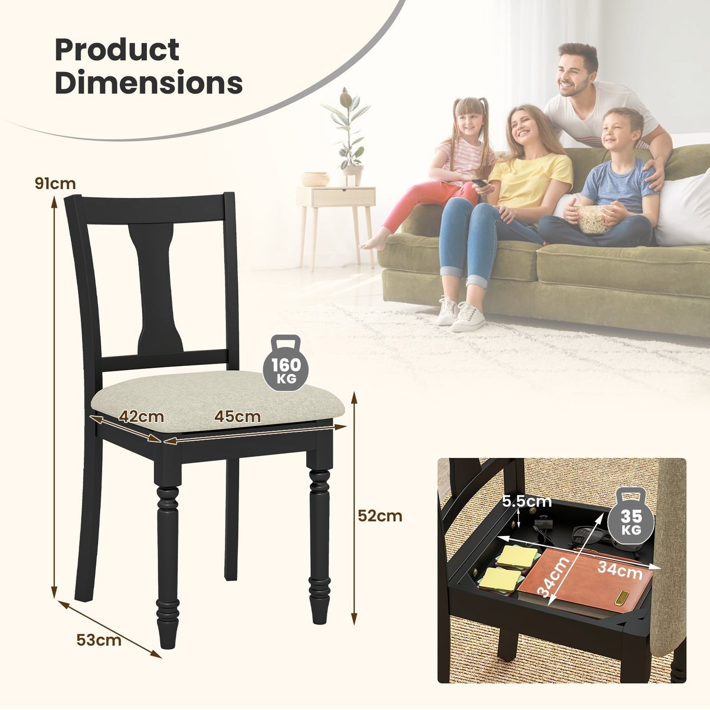 Kitchen Dining Chair with Linen Fabric Storage Space-Black