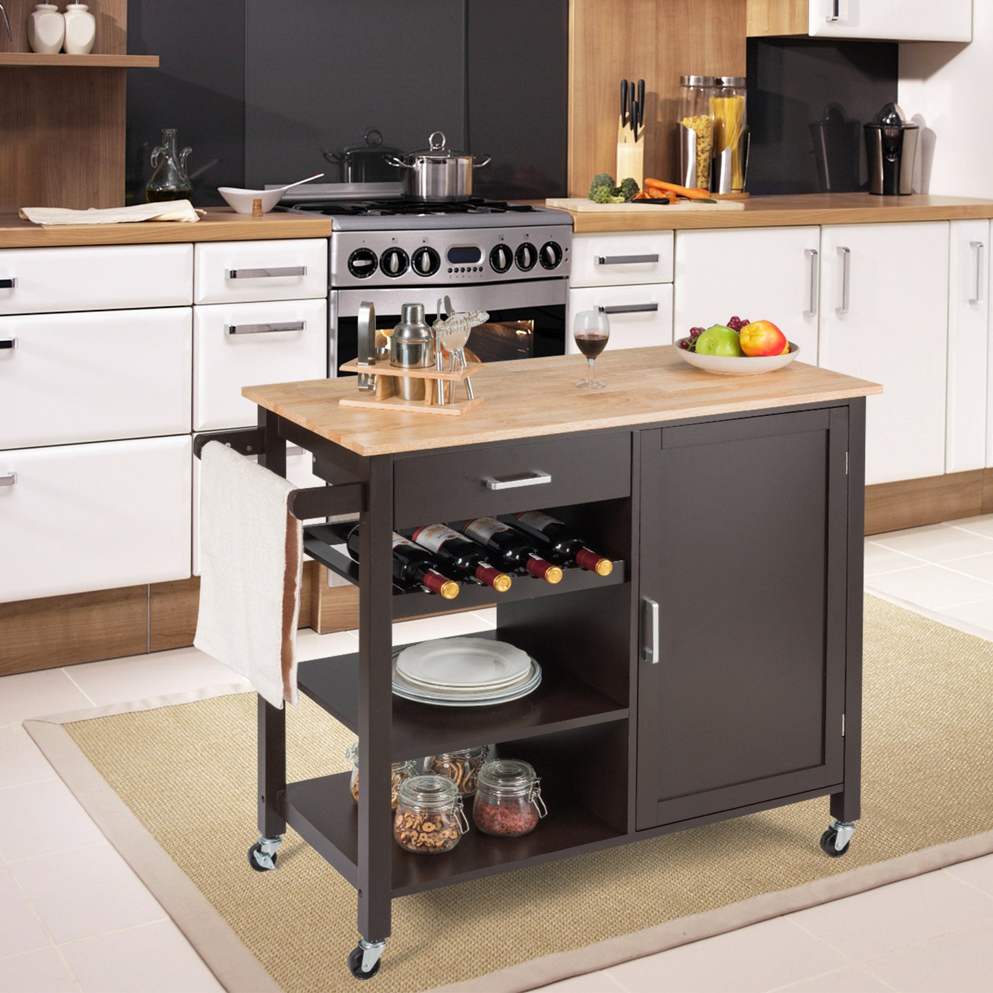 Rolling Kitchen Island Cart with Wine Rack and Adjustable Shelf-Brown