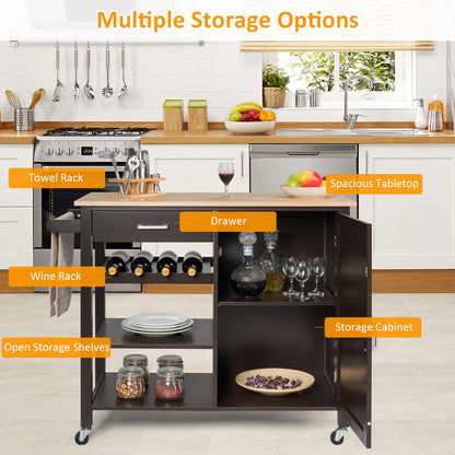 Rolling Kitchen Island Cart with Wine Rack and Adjustable Shelf-Brown