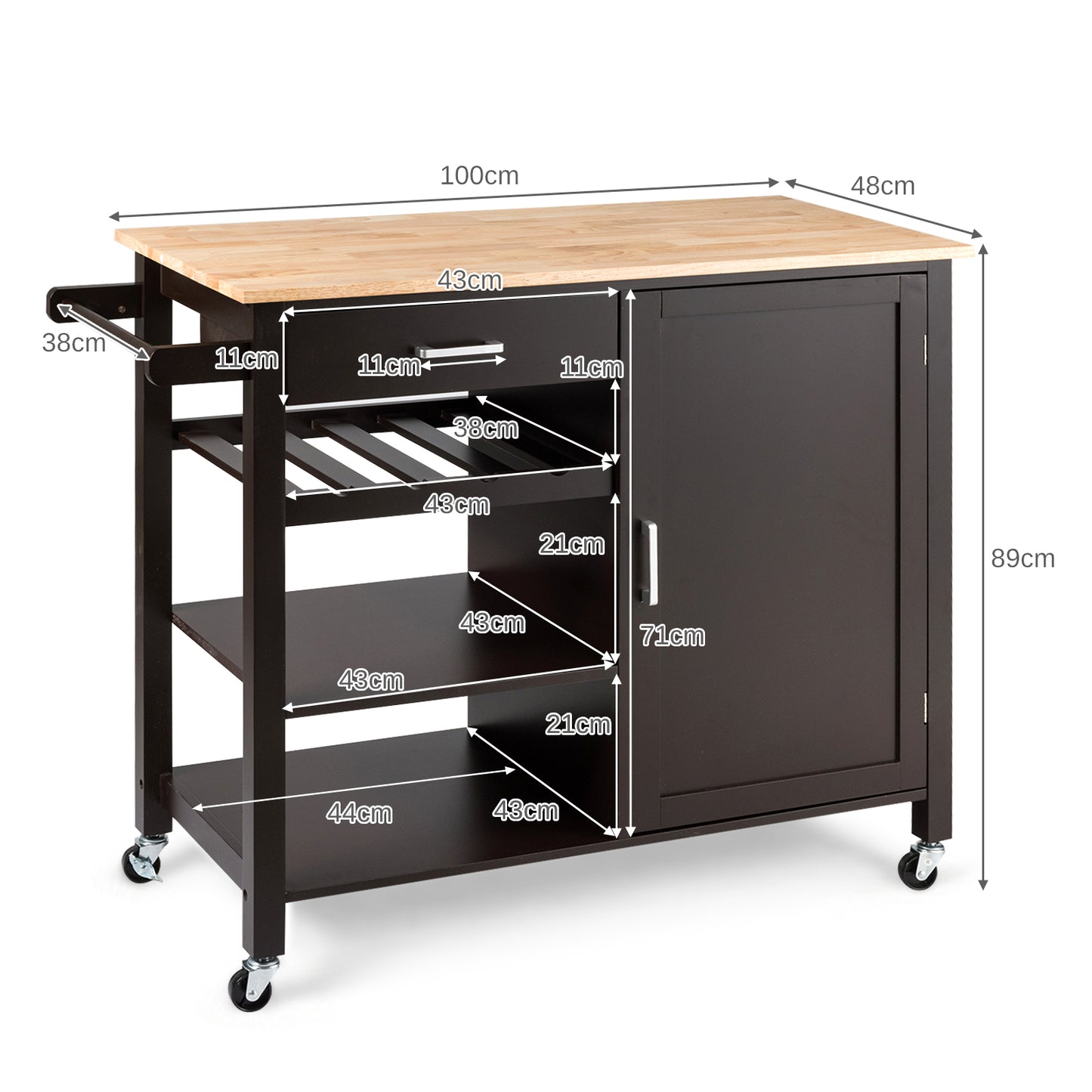 Rolling Kitchen Island Cart with Wine Rack and Adjustable Shelf-Brown