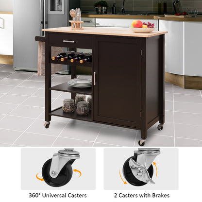 Rolling Kitchen Island Cart with Wine Rack and Adjustable Shelf-Brown