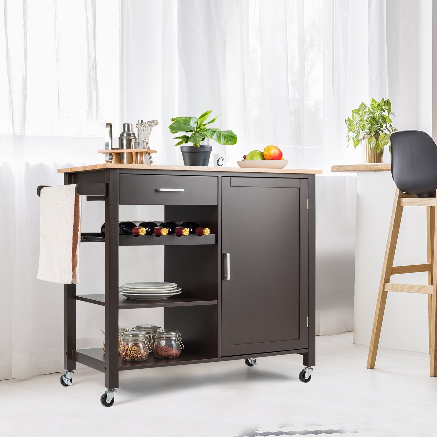 Rolling Kitchen Island Cart with Wine Rack and Adjustable Shelf-Brown