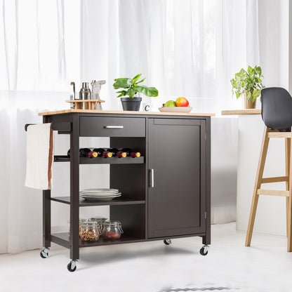 Rolling Kitchen Island Cart with Wine Rack and Adjustable Shelf-Brown