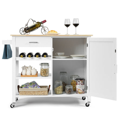 Rolling Kitchen Island Cart with Wine Rack and Adjustable Shelf-White