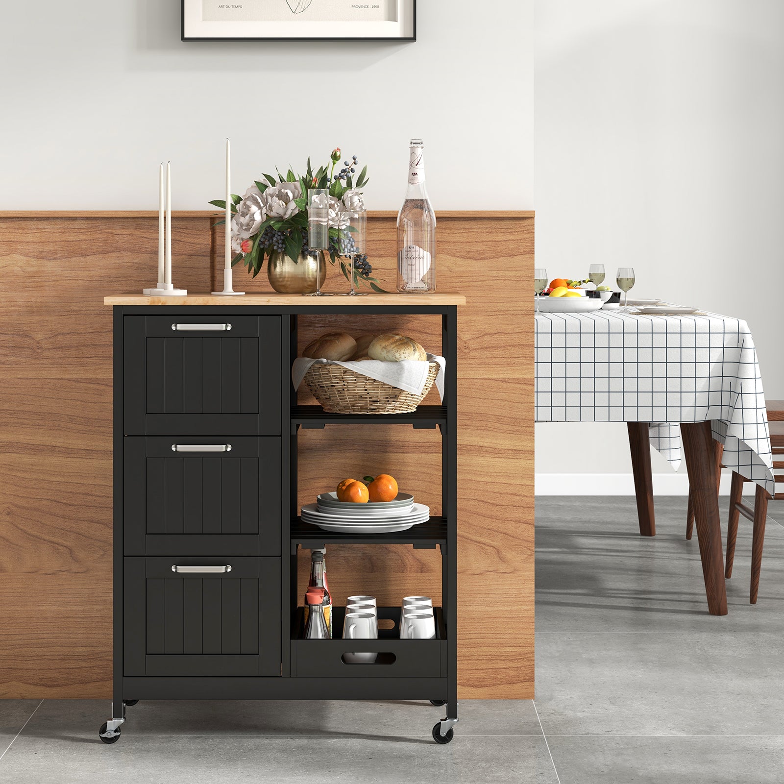 Kitchen Island Rolling Cart Utility Cart on Lockable Wheels with 3 Drawers-Black
