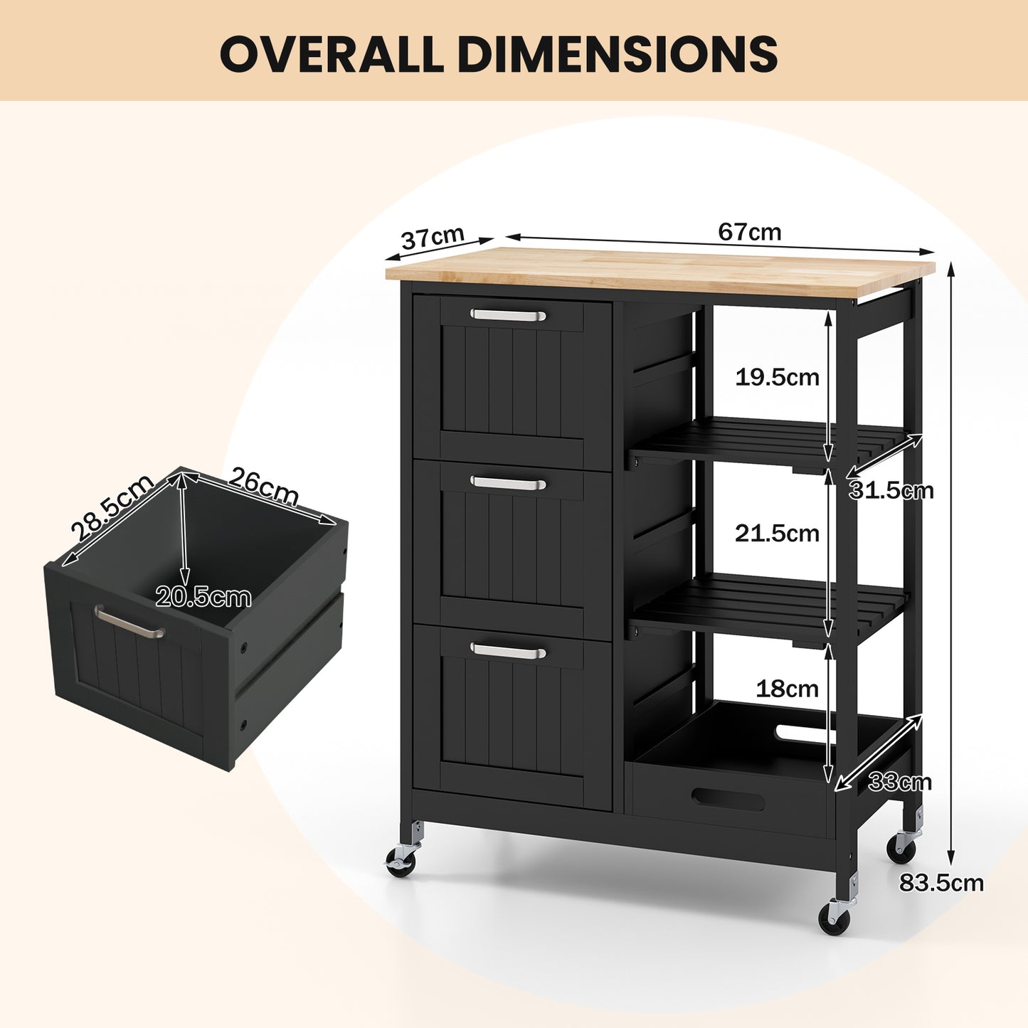 Kitchen Island Rolling Cart Utility Cart on Lockable Wheels with 3 Drawers-Black