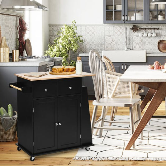 Rubber Wood Countertop Rolling Kitchen Island Cart-Black
