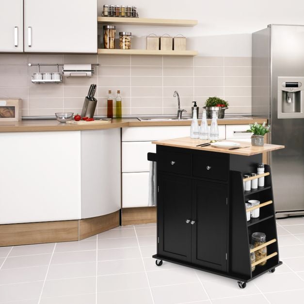Rubber Wood Countertop Rolling Kitchen Island Cart-Black